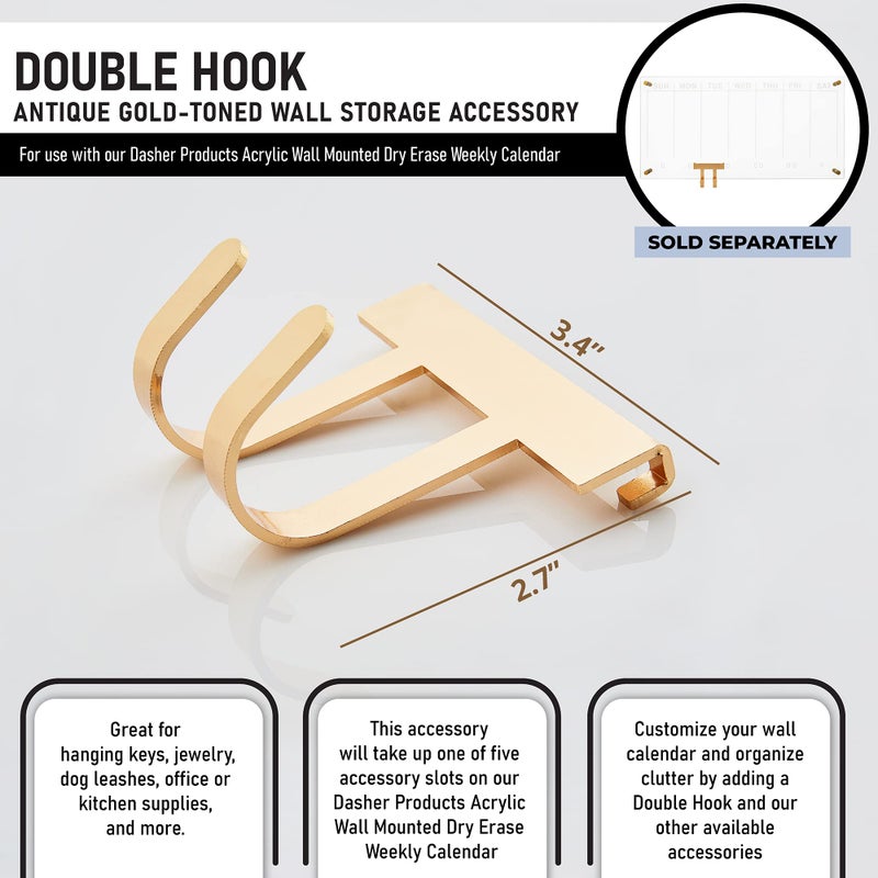 Dasher Products Gold Double Wall Hook Accessory for Acrylic Clear Calendar for Wall  Modern Gold Toned Metal Wall Hook for Hanging Keys  Jewelry  Office Supplies  Kitchen Accessories  and More. (Wall Hook) - Image 2
